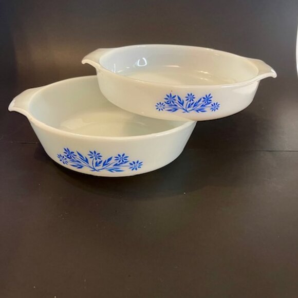 Set of 2 Anchor Hocking Fire King Milk Glass Casserole Dishes, Blue Floral - Picture 6 of 13